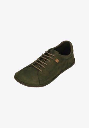 Olive green casual lace-up shoe with soft suede texture and brown sole, featuring a small tan logo tag on the side.