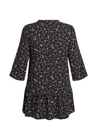 Black dress with three-quarter sleeves, featuring a cream floral pattern and a ruffled hem. Made from soft fabric with a relaxed fit.