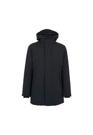 Zwarte geïsoleerde parka met een capuchon, een rits aan de voorkant, twee zijzakken en een gladde, matte afwerking. Ontworpen voor warmte en bescherming.