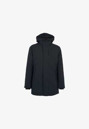 Parka nera isolata con cappuccio, zip frontale, due tasche laterali e una finitura liscia e opaca. Progettata per garantire calore e protezione.