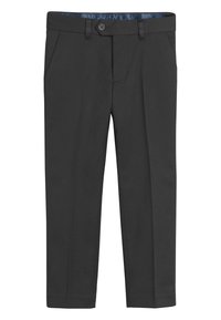 Pantalon noir en tissu lisse, avec une taille à boutons, deux poches avant et une coupe ajustée avec plis repassés.