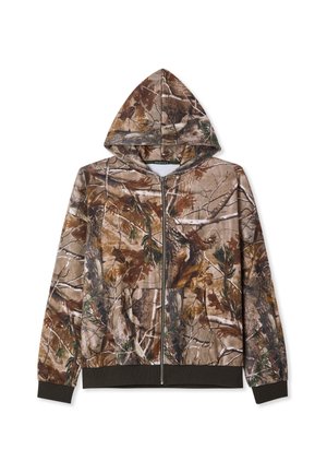 Giacca con cappuccio a zip completa, con motivo camouflage marrone-verde, polsini e orlo a costine, e tasche a marsupio anteriori.