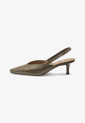Slingback heel in olive green, glossy synthetic material, pointed toe design, low stacked heel, and metal accent near the ankle strap.