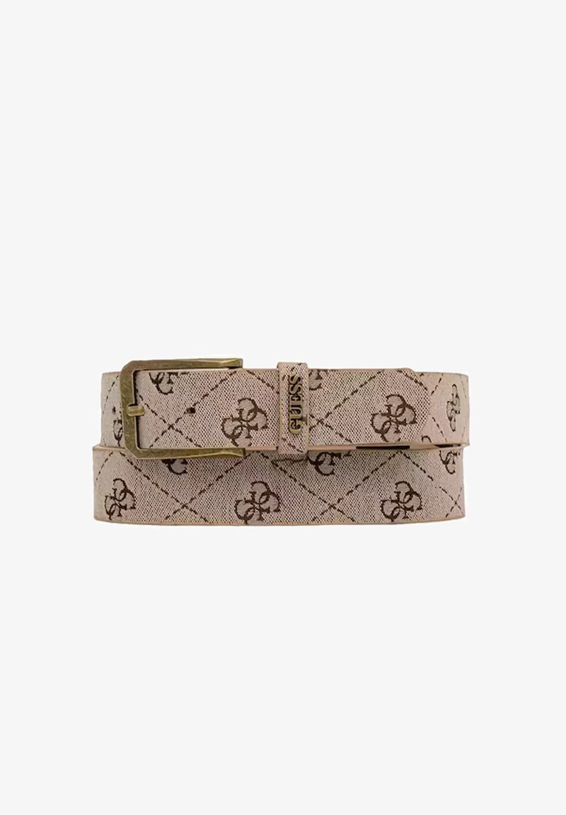 Cintura in tessuto beige con motivo logo marrone, design a diamante e fibbia in metallo dorato. Presenta una taglia regolabile con una chiusura sicura.