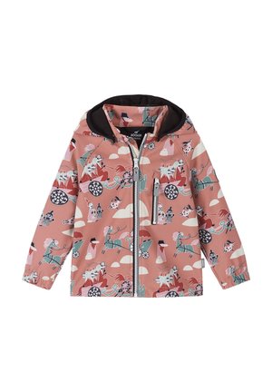 Kinder rosa Kapuzenjacke mit bunten Cartoon-Pferden, Kutschen und fantasievollen Figuren, mit Frontreißverschluss und Reißverschluss an der Brusttasche.