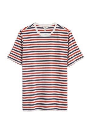 Tricou pe fundal cu dungi orizontale roșii, bleumarin și albe, cu guler rotund și mâneci scurte. Material din bumbac moale.