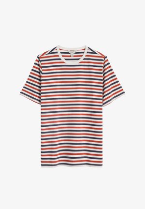 Triibuline T-särk, millel on horisontaalsed triibud punases, tumepunases ja valges, ümar kaelus ja lühikesed varrukad. Pehme puuvillane materjal.