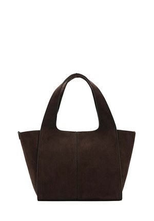 Sac cabas en daim marron foncé avec larges bretelles et forme trapézoïdale, doté d'une couture centrale et d'une texture lisse.