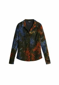 Košeľa na gombíky s patterned látkou v tmavozelených, modrých a oranžových odtieňoch, s textúrovaným povrchom a jemným leskom.
