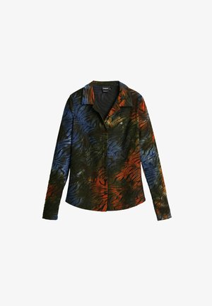 Knappskjorta i mönstrad tyg i mörkgrön, blå och orange nyanser, med en texturerad yta och subtil lyster.