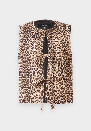 Leopard print sleeveless blouse with a tie closure, featuring a soft fabric, round neckline, and contrasting black details at the front.