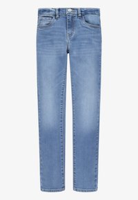 Vaqueros de un azul claro con corte recto, diseño de cinco bolsillos, botón de latón y un ligero desgaste. Fabricados con denim de textura suave.
