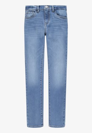 Jeans de un albastru deschis, cu o croială dreaptă, design cu cinci buzunare, nasture din alamă și o ușoară estompare. Realizați din denim cu o textură netedă.