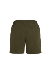 Kaki maudymosi šortai su elastine juostele, užpakaline kišene ir lygiu paviršiumi, sukurti komfortui ir judrumui.