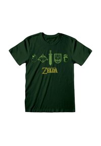 Tmavě zelené bavlněné tričko s žlutou grafickou potiskem herních ikon a textem "The Legend of Zelda" v dolní části.