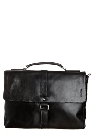 Black leather briefcase with top handle, front flap, buckle strap, and discreet brand logo on the lower right corner.