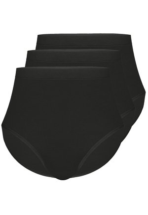 Black high-waisted women's underwear set, made of a smooth fabric, featuring elastic waistbands and seamless edges for comfort.