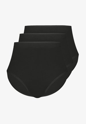 Black high-waisted women's underwear set, made of a smooth fabric, featuring elastic waistbands and seamless edges for comfort.