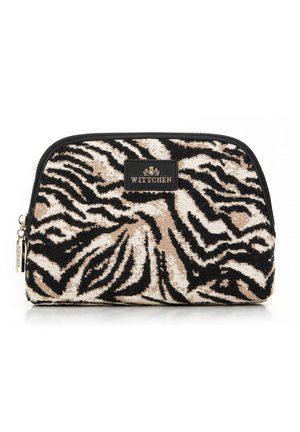 Zebra-patterned cosmetic bag in beige and black fabric, featuring a black zipper and a gold-tone logo plaque on the front.