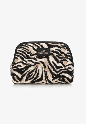 Kosmetická taštička se zebřím vzorem v béžové a černé tkanině, s černým zipem a nášivkou s logo v zlatém tónu na přední straně.