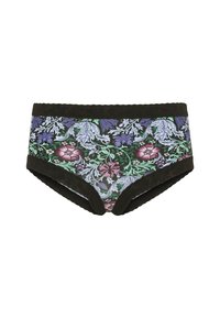 Slip hipster a fantasia floreale con una cintura in tessuto scuro. I colori includono verde, viola e rosa, con dettagli a scalloped sul bordo.