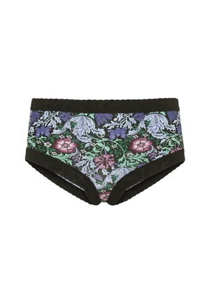 Braguitas hipster con estampado floral y cinturilla de tela oscura. Colores incluyen verde, morado y rosa, con un detalle de borde festoneado.