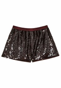 Burgundi színű flitteres rövidnadrág, széles, rugalmas derékkal, laza szabással és fényvisszaverő kör alakú flitterekkel borítva a felszínt.