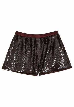 Burgundinės pailgos šortai su blizgučiais, turintys platų elastingą juosmenį, laisvo kirpimo dizainą ir atspindinčius apvalius blizgučius dengiančius paviršių.