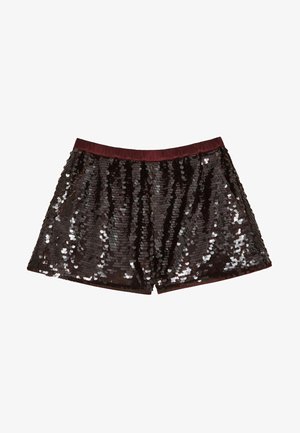 Burgundinės pailgos šortai su blizgučiais, turintys platų elastingą juosmenį, laisvo kirpimo dizainą ir atspindinčius apvalius blizgučius dengiančius paviršių.