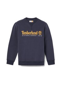 Marineblauw sweatshirt met ribbelkraag, lange mouwen en geborduurd "Timberland ESTABLISHED 1973" logo in goud op de borst.