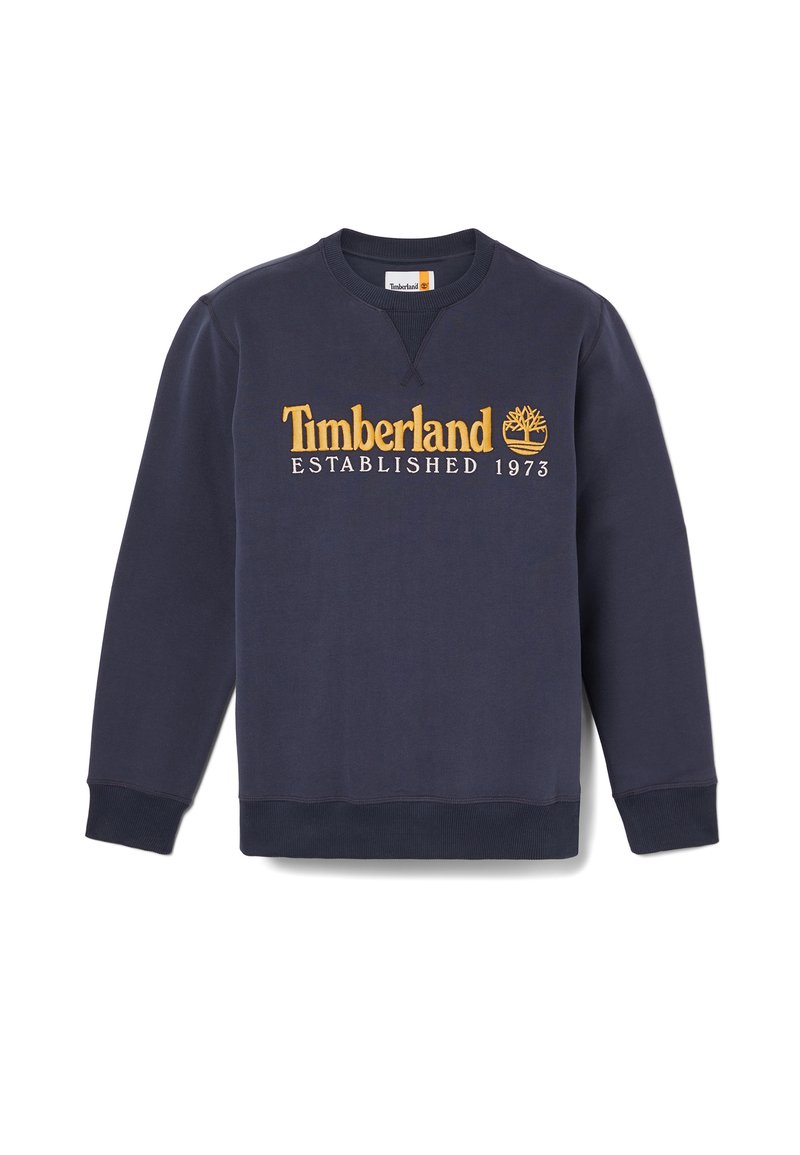 Felpa blu navy con colletto a coste, maniche lunghe e logo ricamato "Timberland ESTABLISHED 1973" in oro sul petto.