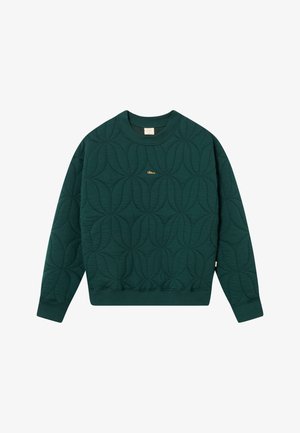Grøn quiltet sweatshirt med bladmønster, rund halsudskæring, ribbede manchetter og kant. Lille guldlogo-detalje på forsiden.