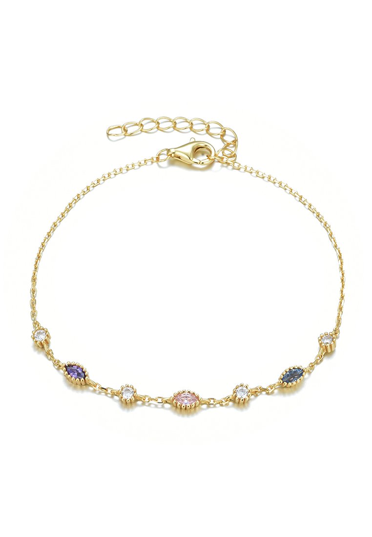 Gouden armband met afwisselend marquise geslepen edelstenen in paars, blauw en roze, met decoratieve zettingen en een kreeftslot.