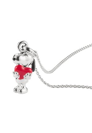 Silver-tone necklace featuring a Snoopy charm holding a red heart. The charm has black accents and is on a fine chain with a simple clasp.
