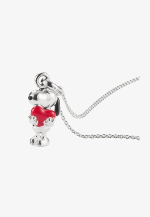 Silver-tone necklace featuring a Snoopy charm holding a red heart. The charm has black accents and is on a fine chain with a simple clasp.