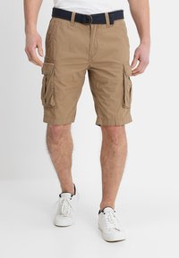 Khaki cargo šortky s páskem, s několika bočními kapsami, se střihem na míru a lehkým bavlněným materiálem. Krátká délka, neformální design.