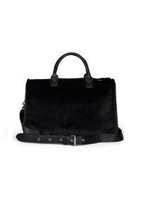 Svart mockaväskan med läderdetaljer, dubbla handtag ovanpå, justerbar axelrem, rektangulär form och slät yta. Utrustad med silverfärgad hårdvara.