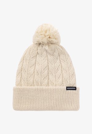Czapka dziana w jasnym kremowym kolorze z prążkowanym mankietem i pomponem na wierzchu. Posiada teksturowany wzór w zygzaki oraz małą czarną metkę.