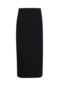 Jupe crayon noire avec une silhouette droite, en tissu lisse, comportant des poches latérales discrètes et une taille avec un petit détail de fermeture.