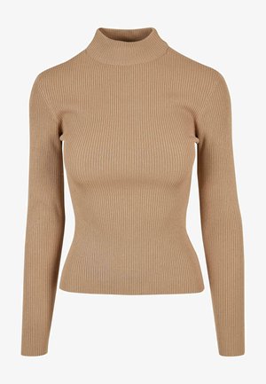 Long-sleeve, high-neck top in tan ribbed fabric, fitted shape, featuring vertical lines for texture and a smooth finish.