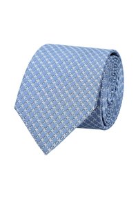 Jasnoniebieski krawat z geometrycznym wzorem małych, wzajemnie splecionych kształtów. Tkana faktura, spiczasty koniec i starannie zwinięty.