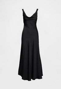 Fekete ujjatlan ruha lehajtott nyakkivágással, áramló A-vonalú sziluettel, sima anyagból, földig érő szegéllyel. Nincsenek további minták vagy díszítések.