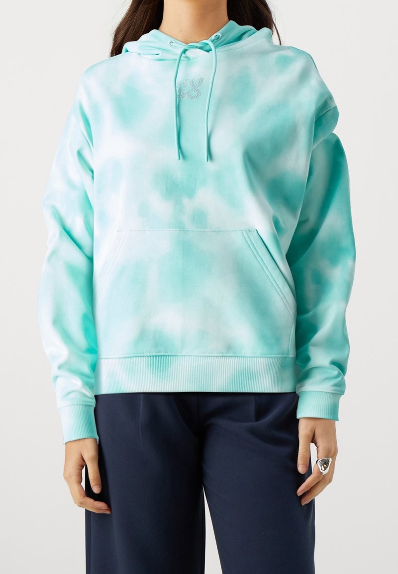 Felpa verde menta con motivo tie-dye, cappuccio regolabile con lacci, tasca a marsupio frontale e polsini e fondo a coste.