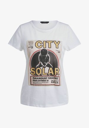 White cotton t-shirt featuring a vintage-style graphic print in black and yellow, displaying event details and a silhouette design.