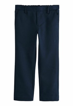 Granatowe, dopasowane spodnie z prostym przodem, szlufkami, dwoma bocznymi kieszeniami i smukłym krojem. Wykonane z gładkiej tkaniny o subtelnej fakturze.