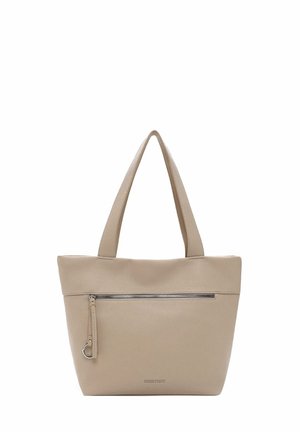 Beige leather tote bag with double handles and a front zipper pocket. Textured finish and subtle branding at the bottom. Compact rectangular shape.