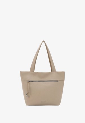 Beige leather tote bag with double handles and a front zipper pocket. Textured finish and subtle branding at the bottom. Compact rectangular shape.