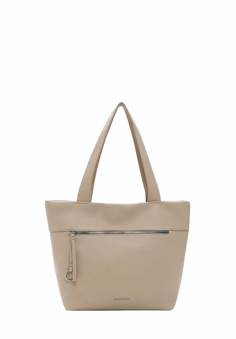 Borsa a tracolla in pelle beige con doppi manici e una tasca con zip nella parte anteriore. Finitura testurizzata e logo discreto in basso. Forma rettangolare compatta.