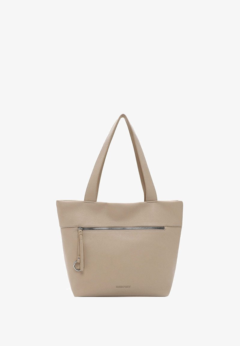 Borsa a tracolla in pelle beige con doppi manici e una tasca con zip nella parte anteriore. Finitura testurizzata e logo discreto in basso. Forma rettangolare compatta.