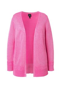 Cardigan en tricot rose avec un décolleté en V, une fermeture ouverte et des poignets côtelés. Motif texturé sur l'ensemble avec un détail accentué à l'ourlet.